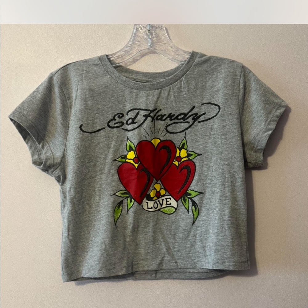 Ed Hardy Gray Tee with Red and Yellow Heart Design L